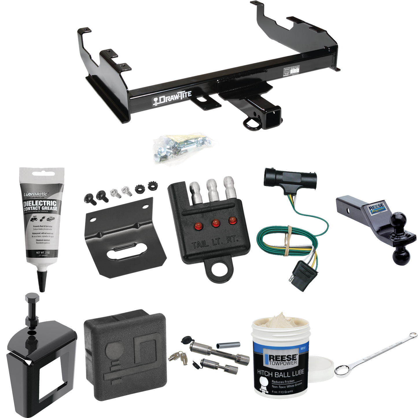 Fits 1979-1984 GMC C3500 Trailer Hitch Tow PKG w/ 4-Flat Wiring + Dual Ball Ball Mount 1-7/8" & 2" Trailer Balls + Wiring Bracket + Hitch Cover + Dual Hitch & Coupler Locks + Wiring Tester + Ball Lube + Electric Grease + Ball Wrench + Anti Rattle Dev