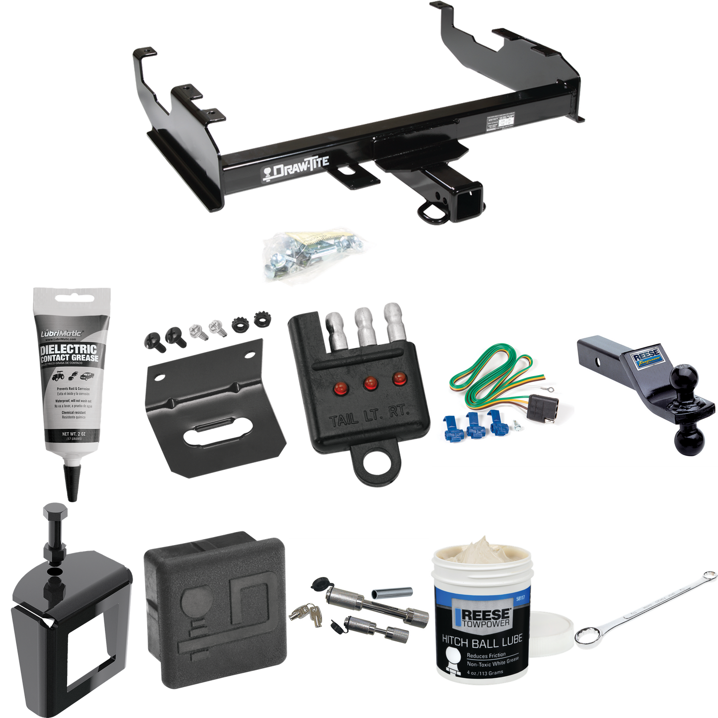 Fits 1967-1974 GMC C15/C1500 Trailer Hitch Tow PKG w/ 4-Flat Wiring + Dual Ball Ball Mount 1-7/8" & 2" Trailer Balls + Wiring Bracket + Hitch Cover + Dual Hitch & Coupler Locks + Wiring Tester + Ball Lube + Electric Grease + Ball Wrench + Anti Rattle