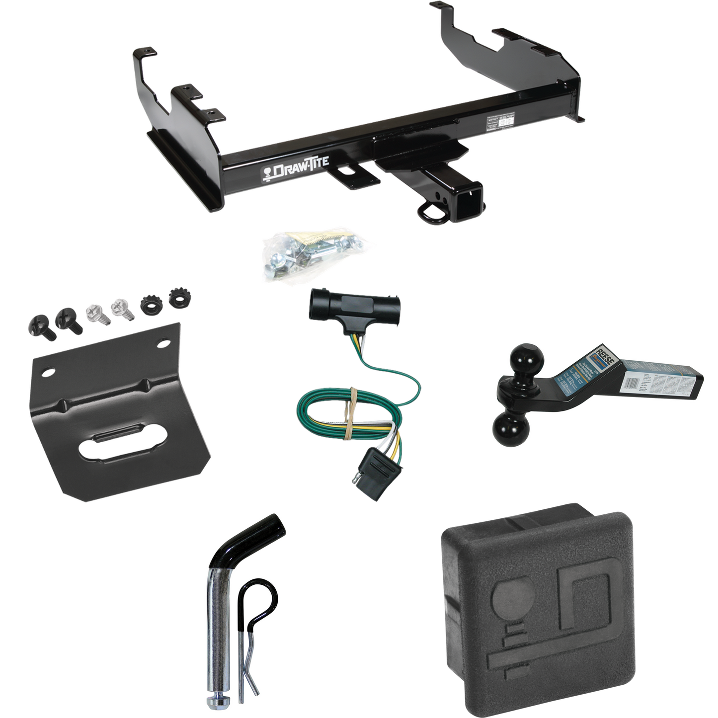 Fits 1973-1984 Chevrolet K20 Trailer Hitch Tow PKG w/ 4-Flat Wiring + Dual Ball Ball Mount 2" & 2-5/16" Trailer Balls + Pin/Clip + Wiring Bracket + Hitch Cover (For w/8' Bed Models) By Draw-Tite