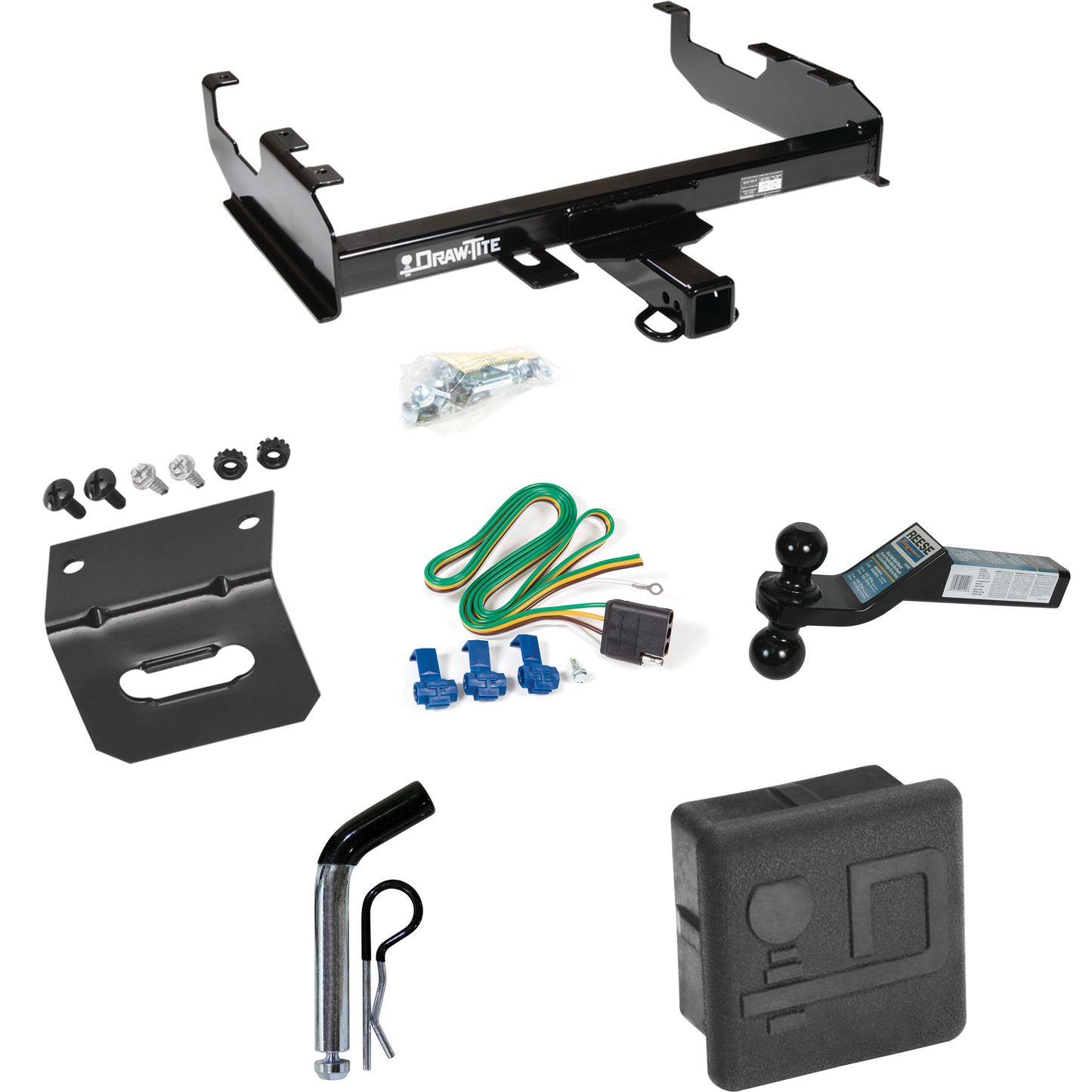 Fits 1985-1986 Chevrolet C20 Trailer Hitch Tow PKG w/ 4-Flat Wiring + Dual Ball Ball Mount 2" & 2-5/16" Trailer Balls + Pin/Clip + Wiring Bracket + Hitch Cover (For w/8' Bed Models) By Draw-Tite