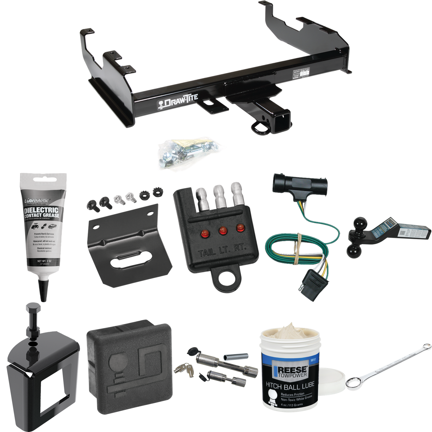 Fits 1979-1984 GMC C2500 Trailer Hitch Tow PKG w/ 4-Flat Wiring + Dual Ball Ball Mount 2" & 2-5/16" Trailer Balls + Wiring Bracket + Hitch Cover + Dual Hitch & Coupler Locks + Wiring Tester + Ball Lube + Electric Grease + Ball Wrench + Anti Rattle De