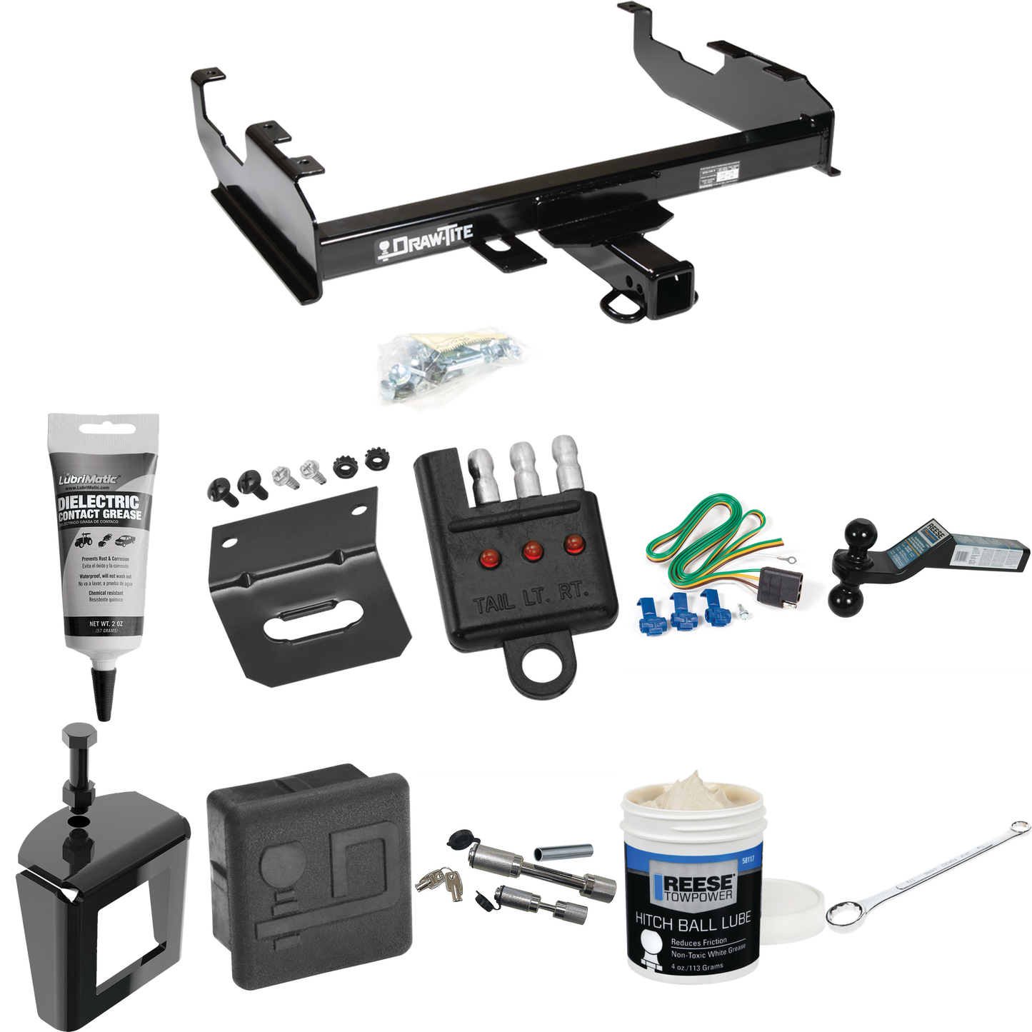 Fits 1999-2000 Ford F-350 Super Duty Trailer Hitch Tow PKG w/ 4-Flat Wiring + Dual Ball Ball Mount 2" & 2-5/16" Trailer Balls + Wiring Bracket + Hitch Cover + Dual Hitch & Coupler Locks + Wiring Tester + Ball Lube + Electric Grease + Ball Wrench + An