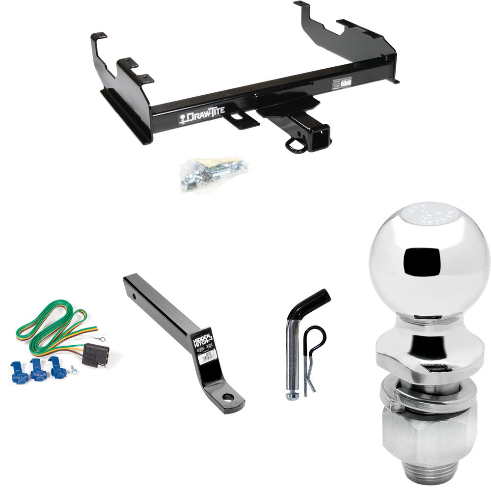 Fits 1985-1986 GMC C1500 Trailer Hitch Tow PKG w/ 4-Flat Wiring + Extended 16" Long Ball Mount w/ 4" Drop + Pin/Clip + 2" Ball (For w/8' Bed Models) By Draw-Tite