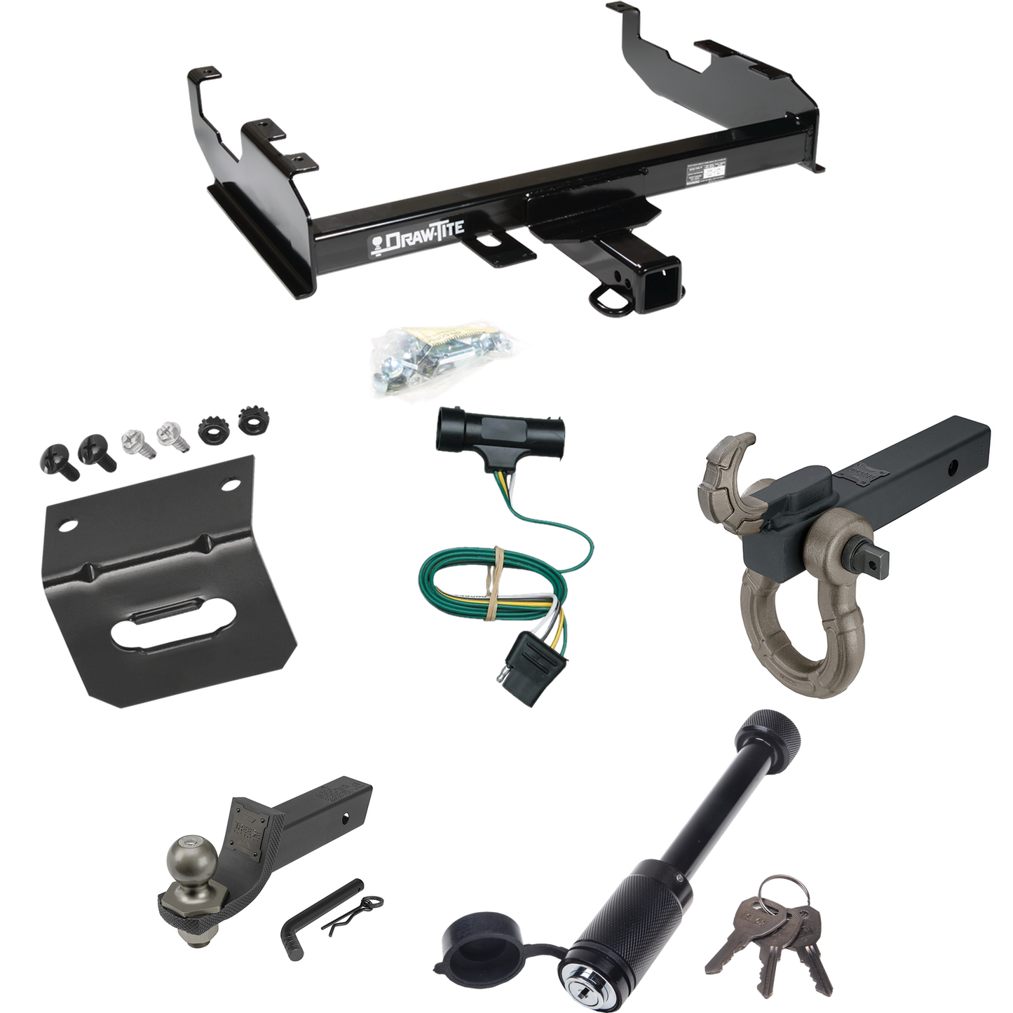 Fits 1973-1984 Chevrolet C10 Trailer Hitch Tow PKG w/ 4-Flat Wiring + Interlock Tactical Starter Kit w/ 2" Drop & 2" Ball + Tactical Hook & Shackle Mount + Tactical Dogbone Lock + Wiring Bracket (For w/8' Bed Models) By Draw-Tite