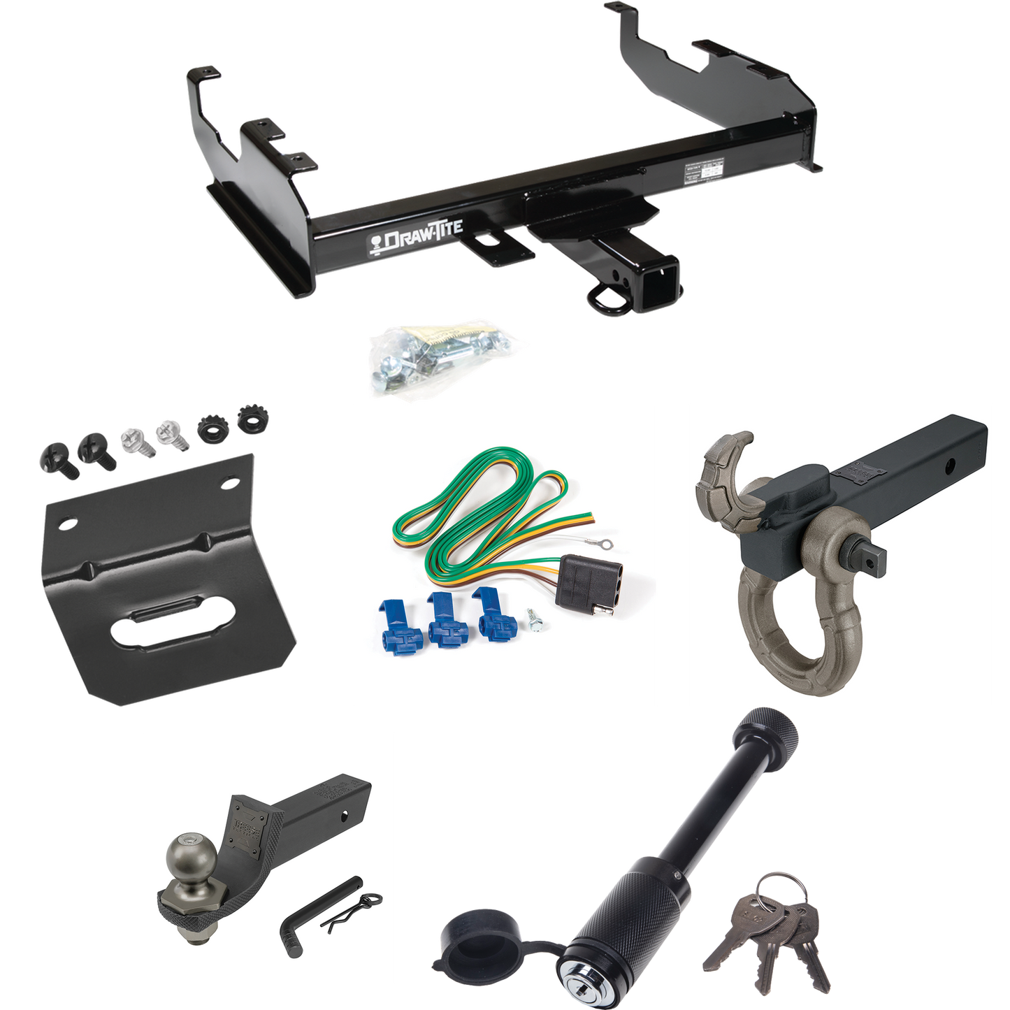 Fits 1971-1973 International 1110 Trailer Hitch Tow PKG w/ 4-Flat Wiring + Interlock Tactical Starter Kit w/ 2" Drop & 2" Ball + Tactical Hook & Shackle Mount + Tactical Dogbone Lock + Wiring Bracket By Draw-Tite