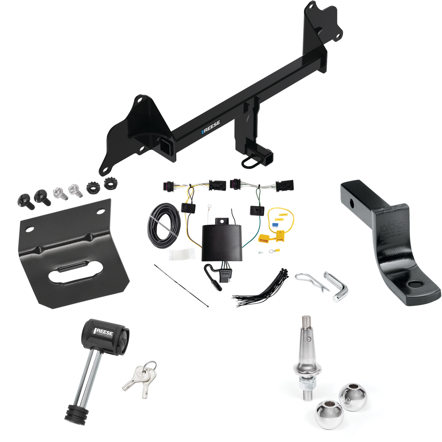 Fits 2020-2023 Tesla 3 Trailer Hitch Tow PKG w/ 4-Flat Wiring Harness + Draw-Bar + Interchangeable 1-7/8" & 2" Balls + Wiring Bracket + Hitch Lock By Reese Towpower