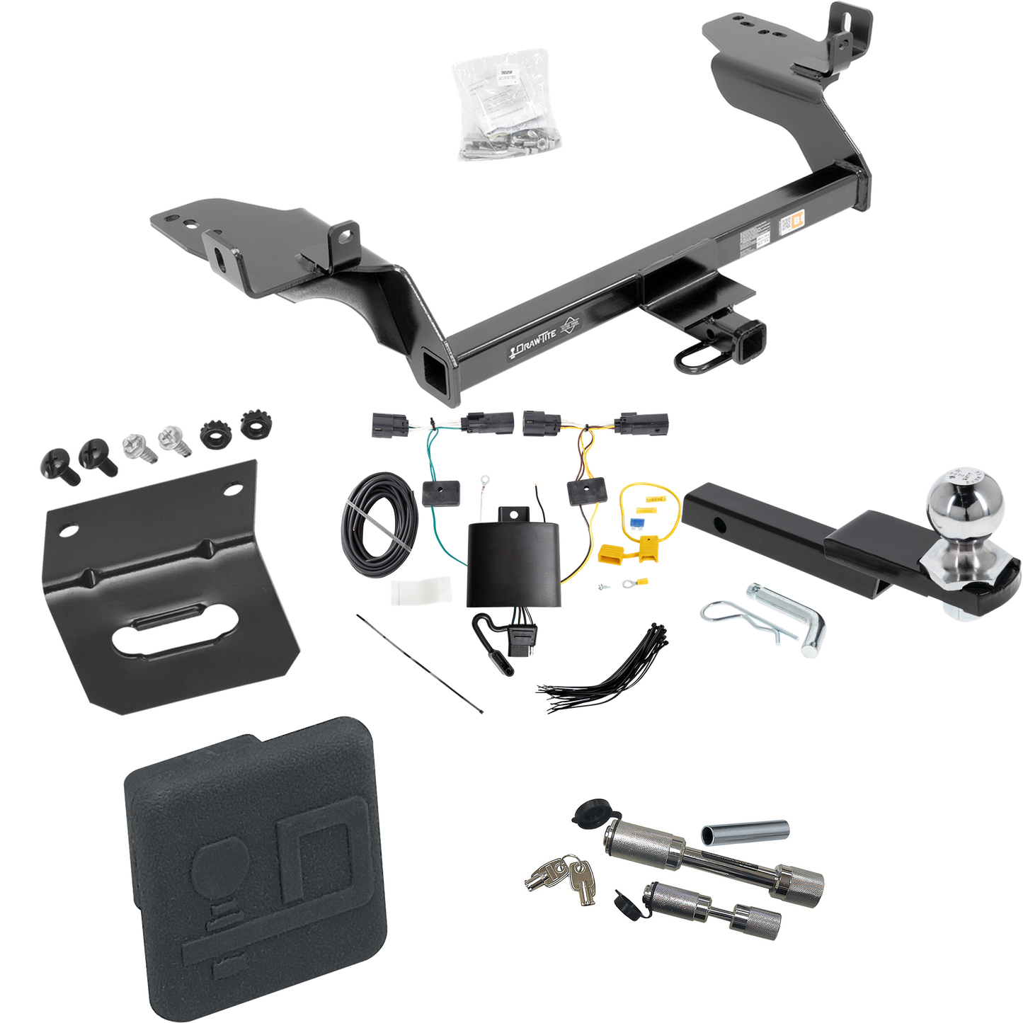 Fits 2019-2019 Ford Escape Trailer Hitch Tow PKG w/ 4-Flat Wiring Harness + Interlock Starter Kit w/ 2" Ball 1-1/4" Drop 3/4" Rise + Wiring Bracket + Hitch Cover + Dual Hitch & Coupler Locks By Draw-Tite