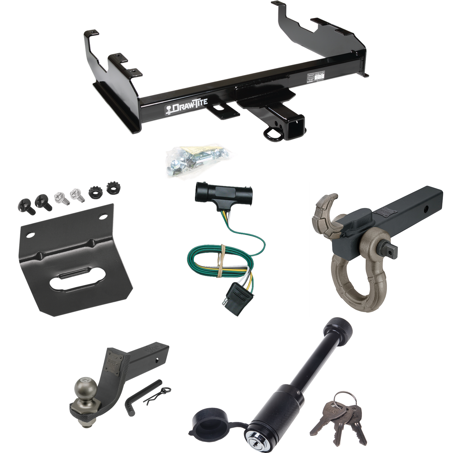 Fits 1973-1974 Chevrolet K30 Trailer Hitch Tow PKG w/ 4-Flat Wiring + Interlock Tactical Starter Kit w/ 3-1/4" Drop & 2" Ball + Tactical Hook & Shackle Mount + Tactical Dogbone Lock + Wiring Bracket (For w/8' Bed Models) By Draw-Tite