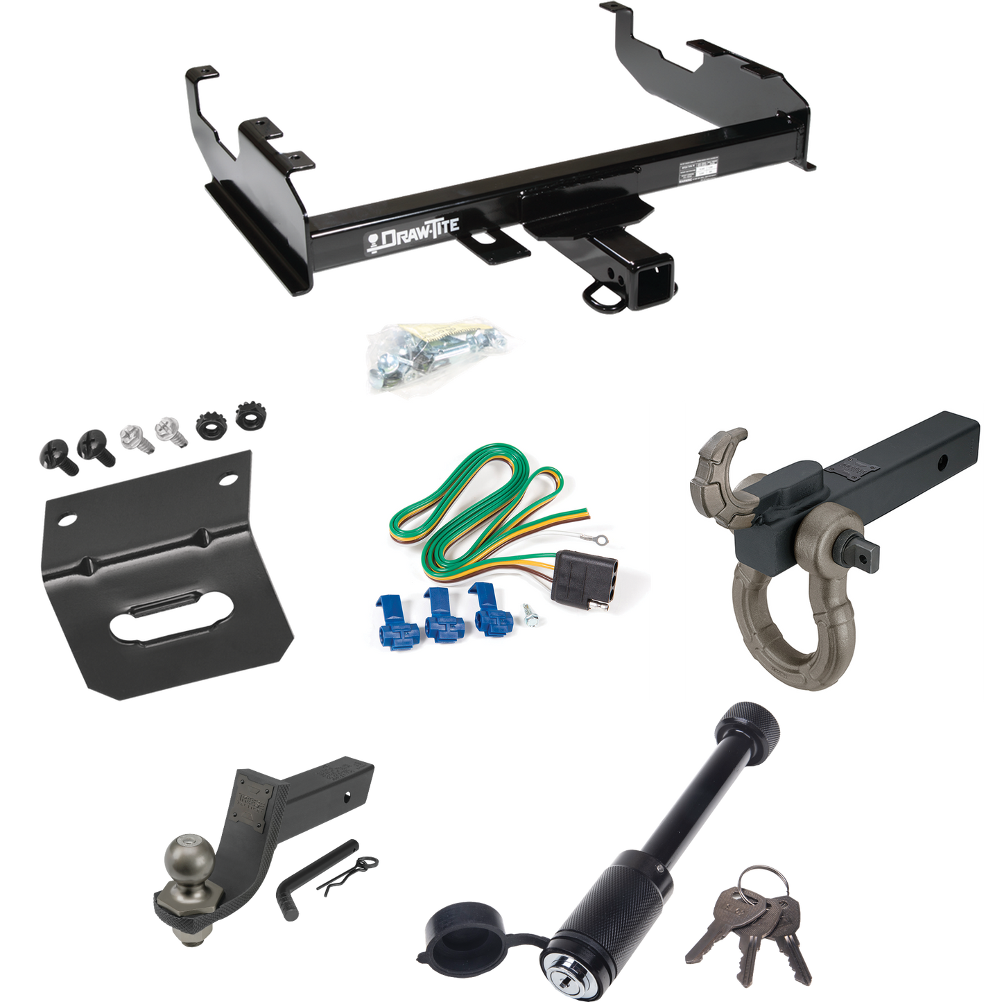 Fits 1985-1986 Chevrolet K30 Trailer Hitch Tow PKG w/ 4-Flat Wiring + Interlock Tactical Starter Kit w/ 3-1/4" Drop & 2" Ball + Tactical Hook & Shackle Mount + Tactical Dogbone Lock + Wiring Bracket (For w/8' Bed Models) By Draw-Tite