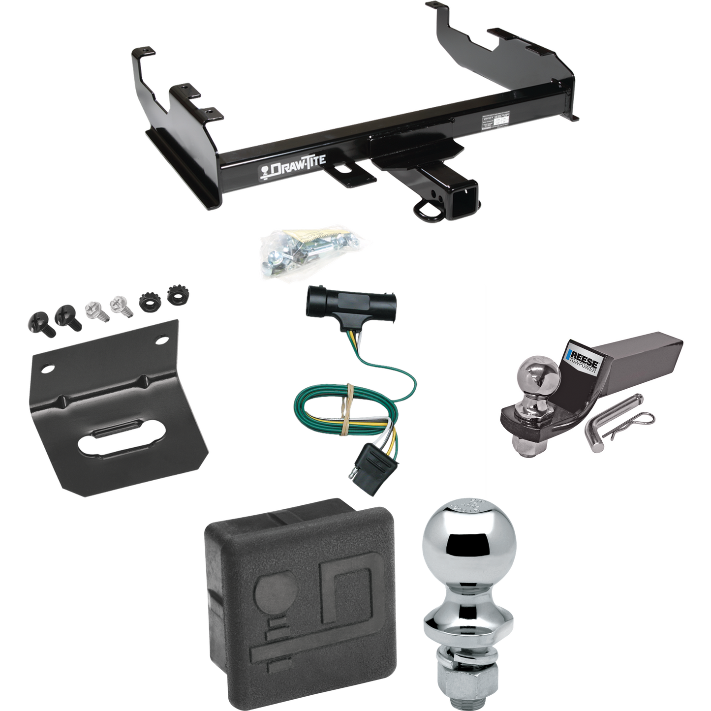 Fits 1979-1984 GMC C3500 Trailer Hitch Tow PKG w/ 4-Flat Wiring + Starter Kit Ball Mount w/ 2" Drop & 2" Ball + 1-7/8" Ball + Wiring Bracket + Hitch Cover (For w/8' Bed Models) By Draw-Tite