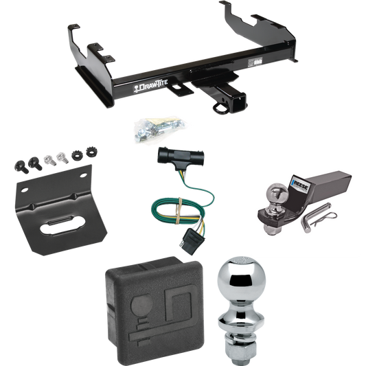 Fits 1979-1984 GMC C3500 Trailer Hitch Tow PKG w/ 4-Flat Wiring + Starter Kit Ball Mount w/ 2" Drop & 2" Ball + 1-7/8" Ball + Wiring Bracket + Hitch Cover (For w/8' Bed Models) By Draw-Tite