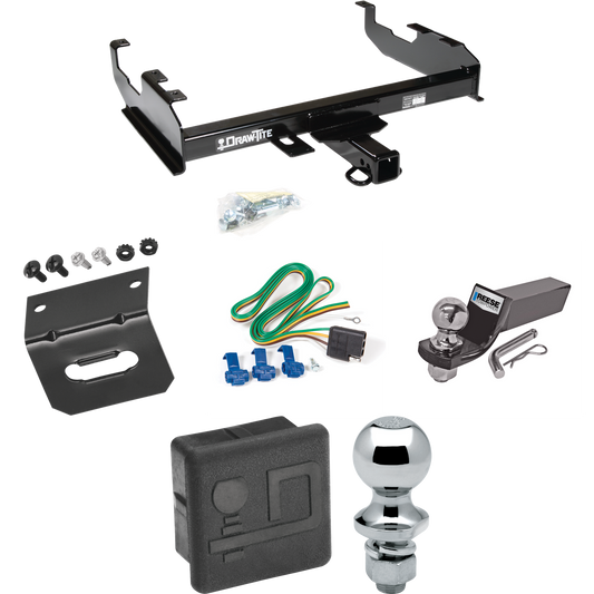 Fits 1969-1970 International 1200D Trailer Hitch Tow PKG w/ 4-Flat Wiring + Starter Kit Ball Mount w/ 2" Drop & 2" Ball + 1-7/8" Ball + Wiring Bracket + Hitch Cover By Draw-Tite