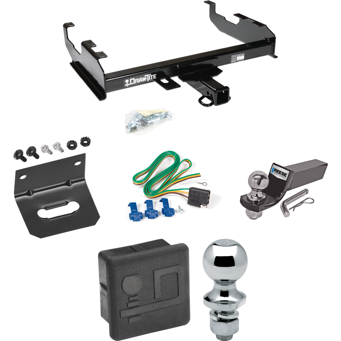 Fits 1969-1970 International 1200D Trailer Hitch Tow PKG w/ 4-Flat Wiring + Starter Kit Ball Mount w/ 2" Drop & 2" Ball + 1-7/8" Ball + Wiring Bracket + Hitch Cover By Draw-Tite