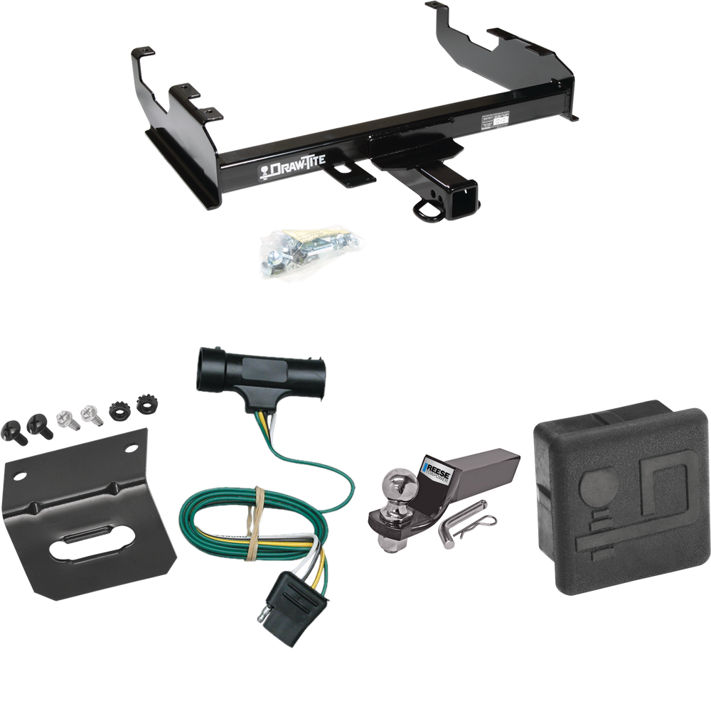 Fits 1979-1984 GMC C3500 Trailer Hitch Tow PKG w/ 4-Flat Wiring + Starter Kit Ball Mount w/ 2" Drop & 2" Ball + Wiring Bracket + Hitch Cover (For w/8' Bed Models) By Draw-Tite