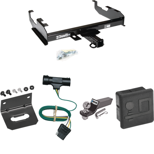 Fits 1979-1984 GMC C3500 Trailer Hitch Tow PKG w/ 4-Flat Wiring + Starter Kit Ball Mount w/ 2" Drop & 2" Ball + Wiring Bracket + Hitch Cover (For w/8' Bed Models) By Draw-Tite