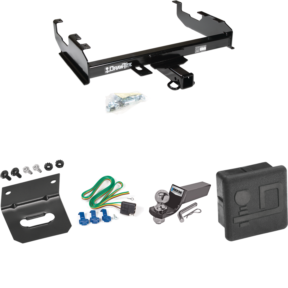 Fits 1971-1973 International 1310 Trailer Hitch Tow PKG w/ 4-Flat Wiring + Starter Kit Ball Mount w/ 2" Drop & 2" Ball + Wiring Bracket + Hitch Cover By Draw-Tite