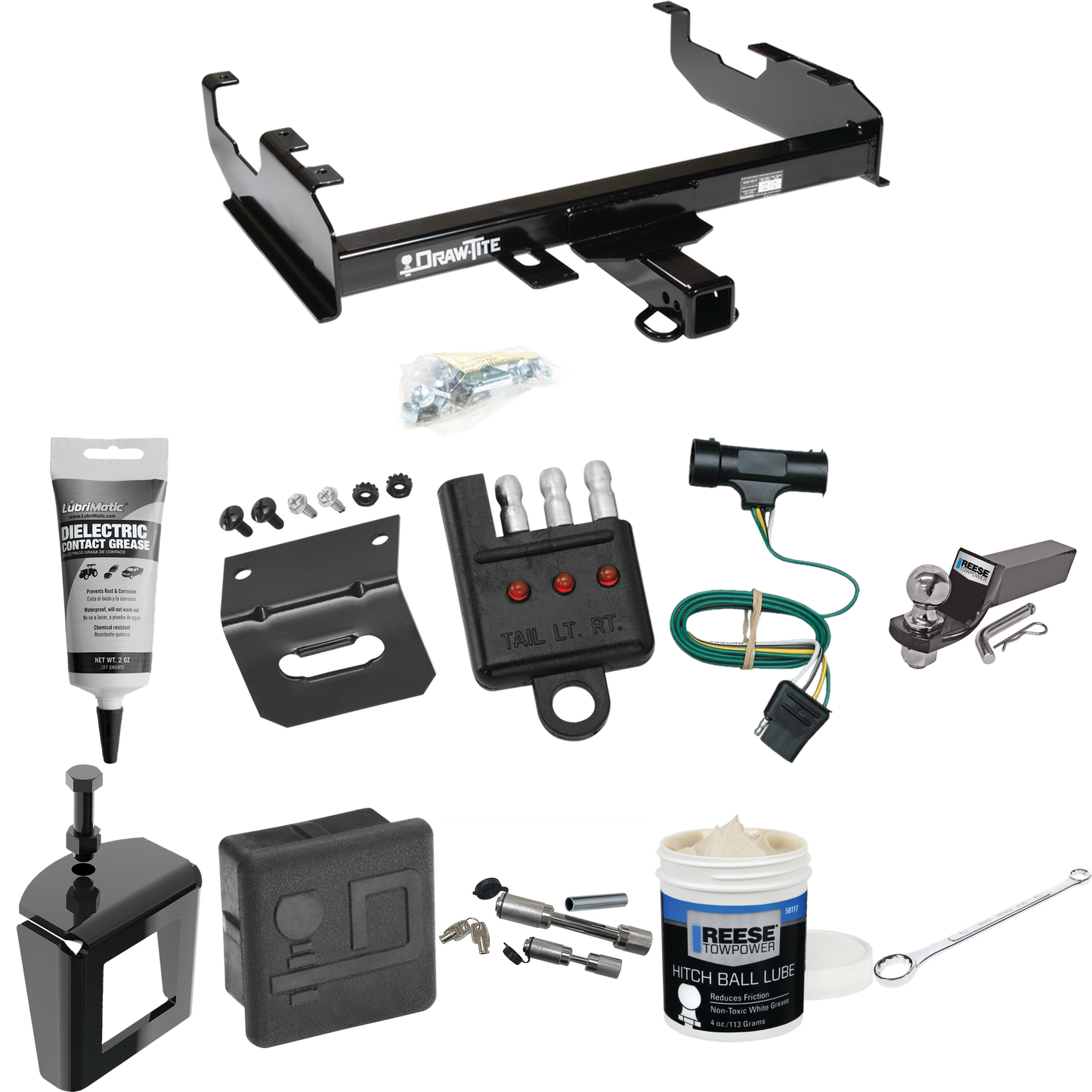 Fits 1967-1974 GMC K35 Trailer Hitch Tow PKG w/ 4-Flat Wiring + Starter Kit Ball Mount w/ 2" Drop & 2" Ball + Wiring Bracket + Hitch Cover + Dual Hitch & Coupler Locks + Wiring Tester + Ball Lube + Electric Grease + Ball Wrench + Anti Rattle Device (