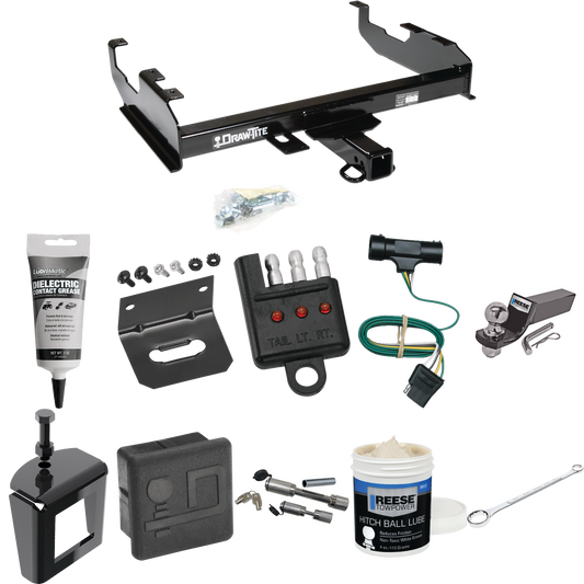 Fits 1967-1974 GMC K35 Trailer Hitch Tow PKG w/ 4-Flat Wiring + Starter Kit Ball Mount w/ 2" Drop & 2" Ball + Wiring Bracket + Hitch Cover + Dual Hitch & Coupler Locks + Wiring Tester + Ball Lube + Electric Grease + Ball Wrench + Anti Rattle Device (