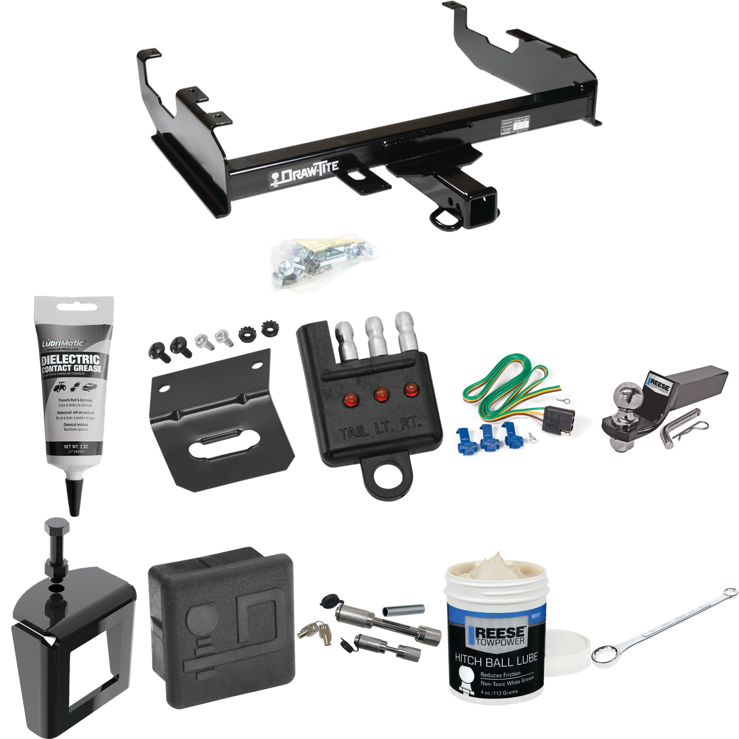 Fits 1963-1974 Ford F-350 Trailer Hitch Tow PKG w/ 4-Flat Wiring + Starter Kit Ball Mount w/ 2" Drop & 2" Ball + Wiring Bracket + Hitch Cover + Dual Hitch & Coupler Locks + Wiring Tester + Ball Lube + Electric Grease + Ball Wrench + Anti Rattle Devic