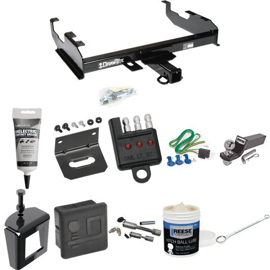 Fits 1963-1974 Ford F-350 Trailer Hitch Tow PKG w/ 4-Flat Wiring + Starter Kit Ball Mount w/ 2" Drop & 2" Ball + Wiring Bracket + Hitch Cover + Dual Hitch & Coupler Locks + Wiring Tester + Ball Lube + Electric Grease + Ball Wrench + Anti Rattle Devic