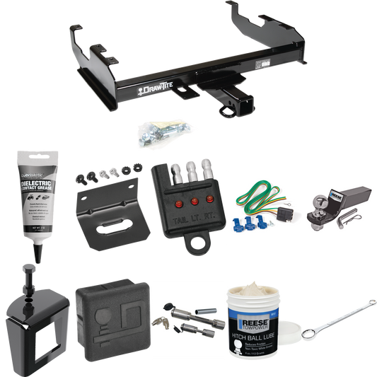 Fits 1967-1974 GMC K15 Trailer Hitch Tow PKG w/ 4-Flat Wiring + Starter Kit Ball Mount w/ 2" Drop & 2" Ball + Wiring Bracket + Hitch Cover + Dual Hitch & Coupler Locks + Wiring Tester + Ball Lube + Electric Grease + Ball Wrench + Anti Rattle Device (