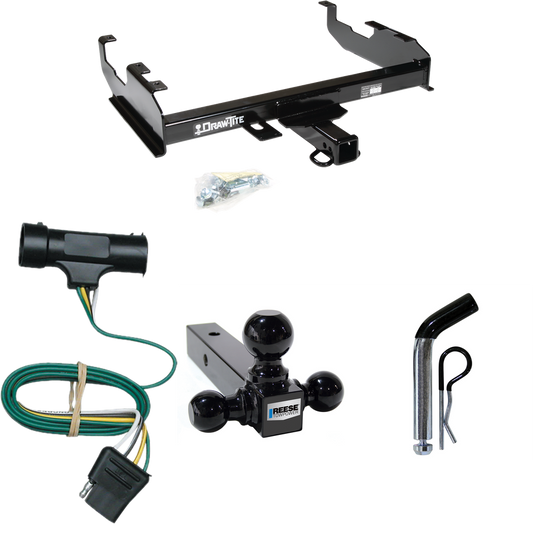 Fits 1977-1978 GMC K35 Trailer Hitch Tow PKG w/ 4-Flat Wiring + Triple Ball Ball Mount 1-7/8" & 2" & 2-5/16" Trailer Balls + Pin/Clip (For w/8' Bed Models) By Draw-Tite