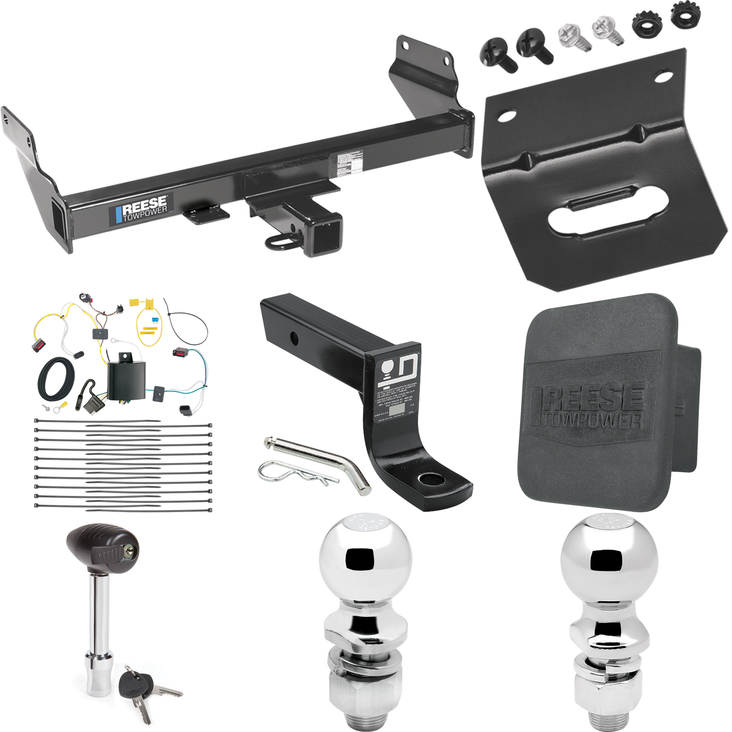 Fits 2021-2021 Jeep Grand Cherokee Trailer Hitch Tow PKG w/ 4-Flat Wiring + Ball Mount w/ 4" Drop + 2" Ball + 2-5/16" Ball + Wiring Bracket + Hitch Lock + Hitch Cover (Excludes: w/OEM Tow Hook or ECODiesel Engine Models) By Reese Towpower