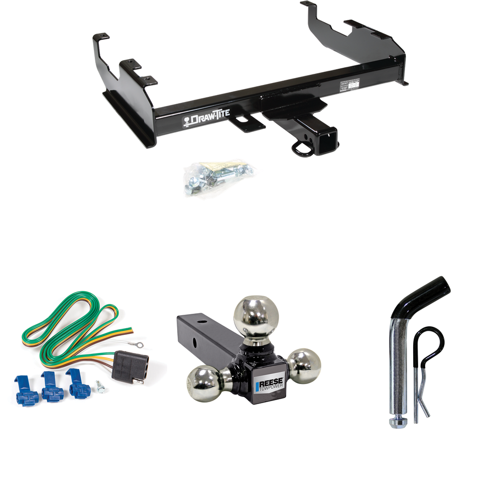 Fits 1985-1986 GMC C3500 Trailer Hitch Tow PKG w/ 4-Flat Wiring + Triple Ball Ball Mount 1-7/8" & 2" & 2-5/16" Trailer Balls + Pin/Clip (For w/8' Bed Models) By Draw-Tite