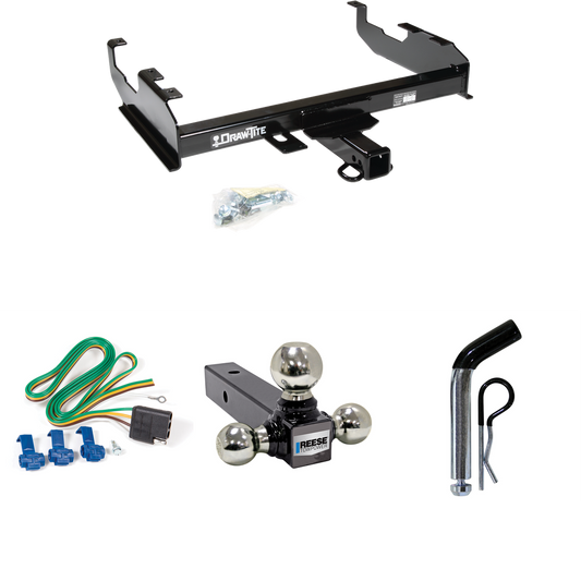 Fits 1985-1986 GMC C3500 Trailer Hitch Tow PKG w/ 4-Flat Wiring + Triple Ball Ball Mount 1-7/8" & 2" & 2-5/16" Trailer Balls + Pin/Clip (For w/8' Bed Models) By Draw-Tite