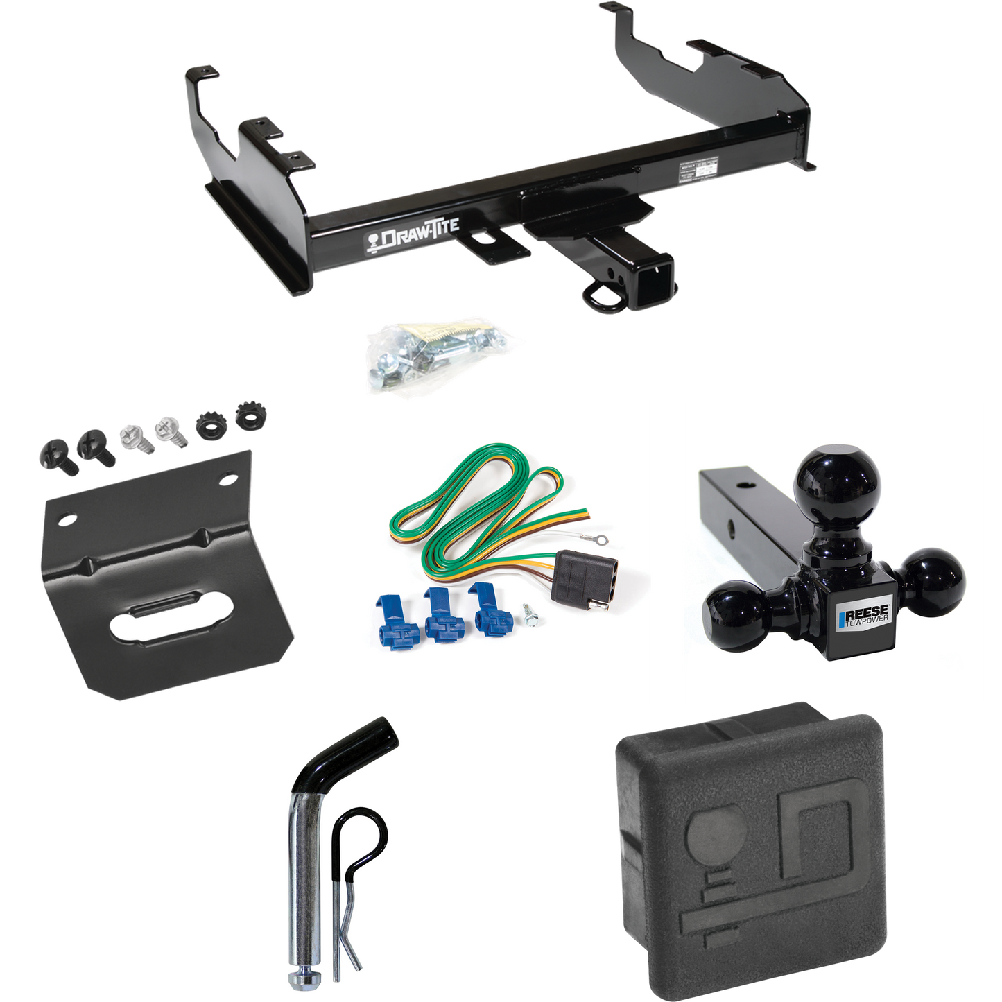 Fits 1971-1973 International 1210 Trailer Hitch Tow PKG w/ 4-Flat Wiring + Triple Ball Ball Mount 1-7/8" & 2" & 2-5/16" Trailer Balls + Pin/Clip + Wiring Bracket + Hitch Cover By Draw-Tite