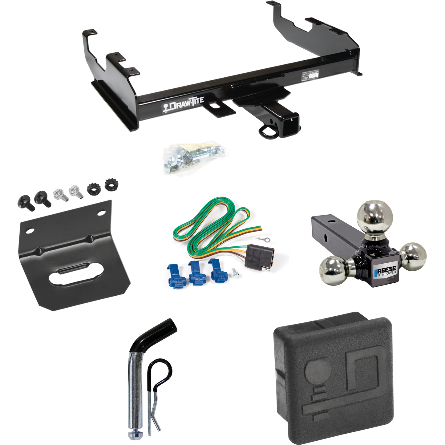 Fits 1963-1966 GMC 3500 Trailer Hitch Tow PKG w/ 4-Flat Wiring + Triple Ball Ball Mount 1-7/8" & 2" & 2-5/16" Trailer Balls + Pin/Clip + Wiring Bracket + Hitch Cover (For w/8' Bed Models) By Draw-Tite