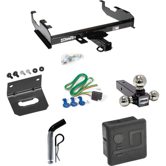 Fits 1985-1986 GMC K2500 Trailer Hitch Tow PKG w/ 4-Flat Wiring + Triple Ball Ball Mount 1-7/8" & 2" & 2-5/16" Trailer Balls + Pin/Clip + Wiring Bracket + Hitch Cover (For w/8' Bed Models) By Draw-Tite