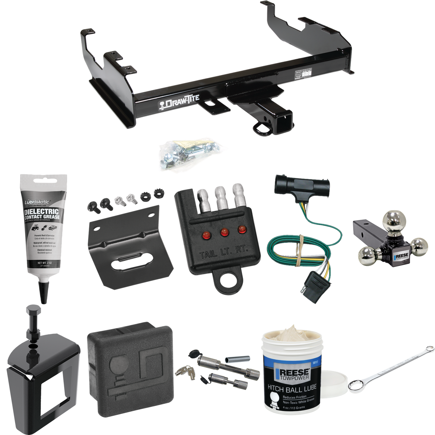 Fits 1977-1984 Chevrolet K30 Trailer Hitch Tow PKG w/ 4-Flat Wiring + Triple Ball Ball Mount 1-7/8" & 2" & 2-5/16" Trailer Balls + Wiring Bracket + Hitch Cover + Dual Hitch & Coupler Locks + Wiring Tester + Ball Lube + Electric Grease + Ball Wrench +