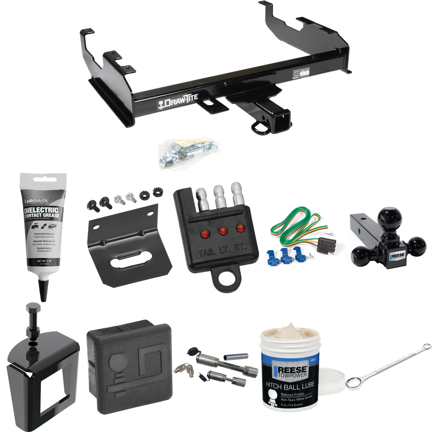 Fits 1985-1986 GMC K3500 Trailer Hitch Tow PKG w/ 4-Flat Wiring + Triple Ball Ball Mount 1-7/8" & 2" & 2-5/16" Trailer Balls + Wiring Bracket + Hitch Cover + Dual Hitch & Coupler Locks + Wiring Tester + Ball Lube + Electric Grease + Ball Wrench + Ant