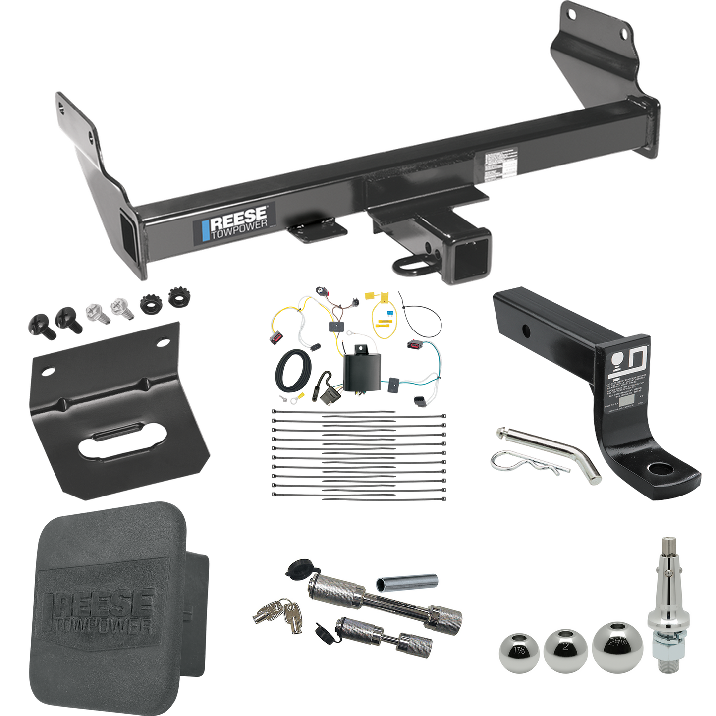 Fits 2021-2021 Jeep Grand Cherokee Trailer Hitch Tow PKG w/ 4-Flat Wiring + Ball Mount w/ 4" Drop + Interchangeable Ball 1-7/8" & 2" & 2-5/16" + Wiring Bracket + Dual Hitch & Coupler Locks + Hitch Cover (For w/OEM Tow Hook, Except w/ECODiesel Engine