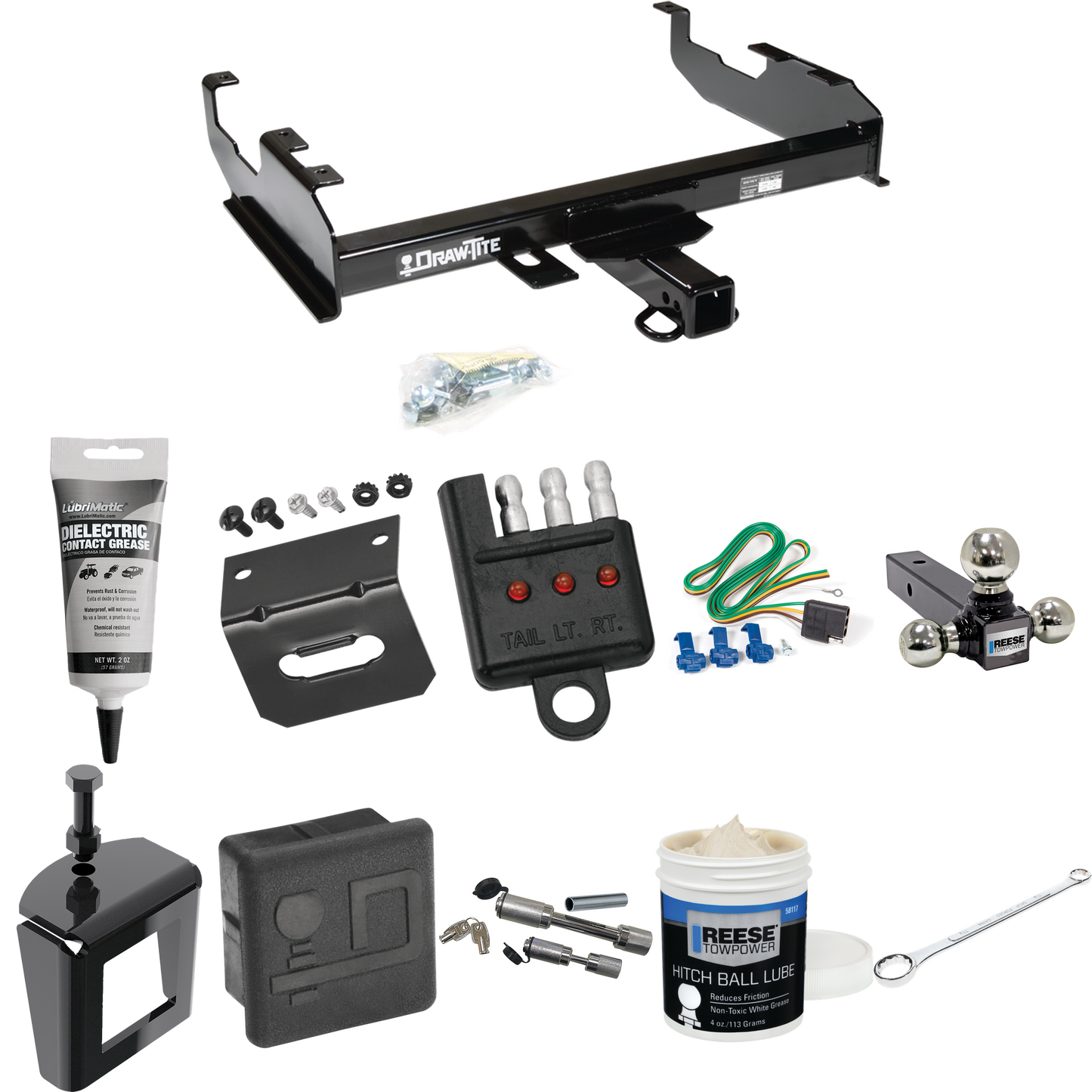 Fits 1963-1972 Chevrolet K20 Trailer Hitch Tow PKG w/ 4-Flat Wiring + Triple Ball Ball Mount 1-7/8" & 2" & 2-5/16" Trailer Balls + Wiring Bracket + Hitch Cover + Dual Hitch & Coupler Locks + Wiring Tester + Ball Lube + Electric Grease + Ball Wrench +