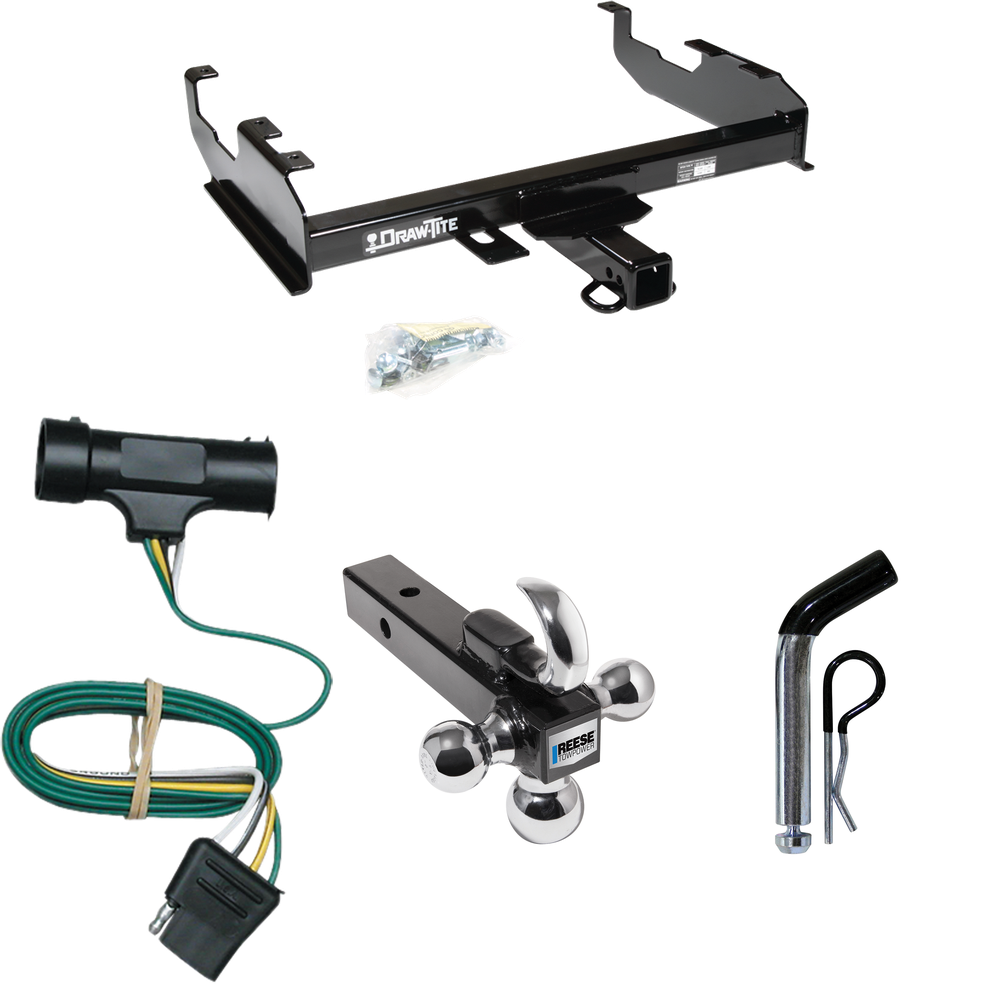 Fits 1975-1978 GMC C15 Trailer Hitch Tow PKG w/ 4-Flat Wiring + Triple Ball Ball Mount 1-7/8" & 2" & 2-5/16" Trailer Balls w/ Tow Hook + Pin/Clip (For w/8' Bed Models) By Draw-Tite