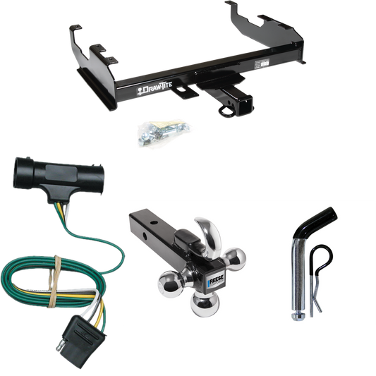 Fits 1975-1978 GMC C15 Trailer Hitch Tow PKG w/ 4-Flat Wiring + Triple Ball Ball Mount 1-7/8" & 2" & 2-5/16" Trailer Balls w/ Tow Hook + Pin/Clip (For w/8' Bed Models) By Draw-Tite