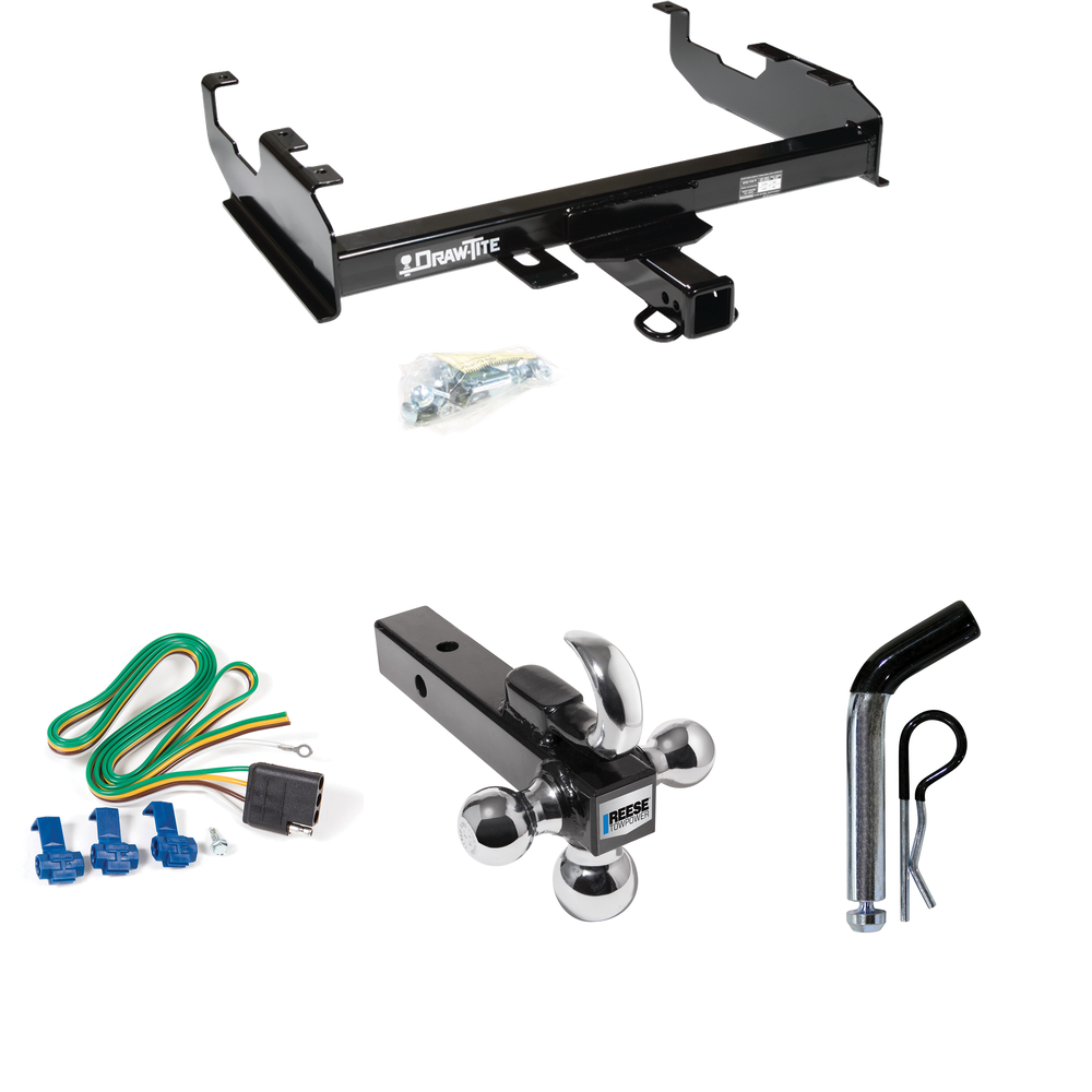 Fits 1985-1986 GMC C1500 Trailer Hitch Tow PKG w/ 4-Flat Wiring + Triple Ball Ball Mount 1-7/8" & 2" & 2-5/16" Trailer Balls w/ Tow Hook + Pin/Clip (For w/8' Bed Models) By Draw-Tite