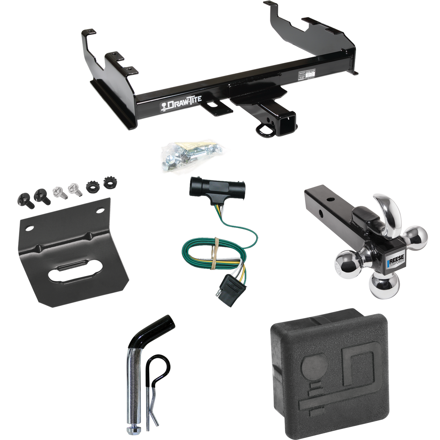 Fits 1967-1978 GMC C25 Trailer Hitch Tow PKG w/ 4-Flat Wiring + Triple Ball Ball Mount 1-7/8" & 2" & 2-5/16" Trailer Balls w/ Tow Hook + Pin/Clip + Wiring Bracket + Hitch Cover (For w/8' Bed Models) By Draw-Tite