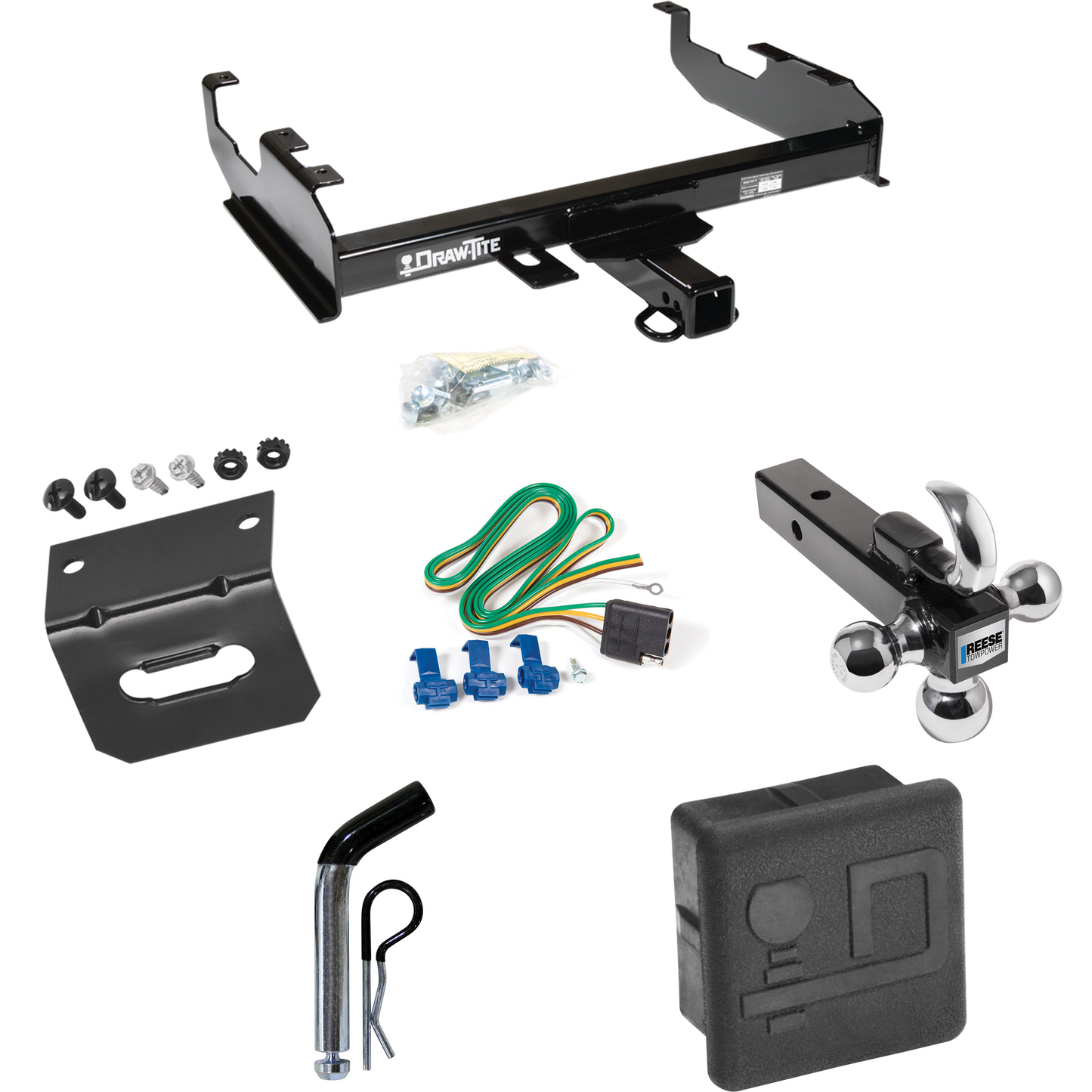 Fits 1999-2000 Ford F-350 Super Duty Trailer Hitch Tow PKG w/ 4-Flat Wiring + Triple Ball Ball Mount 1-7/8" & 2" & 2-5/16" Trailer Balls w/ Tow Hook + Pin/Clip + Wiring Bracket + Hitch Cover (For Cab & Chassis, w/34" Wide Frames Models) By Draw-Tite