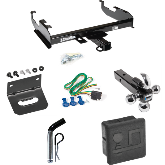 Fits 1999-2000 Ford F-350 Super Duty Trailer Hitch Tow PKG w/ 4-Flat Wiring + Triple Ball Ball Mount 1-7/8" & 2" & 2-5/16" Trailer Balls w/ Tow Hook + Pin/Clip + Wiring Bracket + Hitch Cover (For Cab & Chassis, w/34" Wide Frames Models) By Draw-Tite