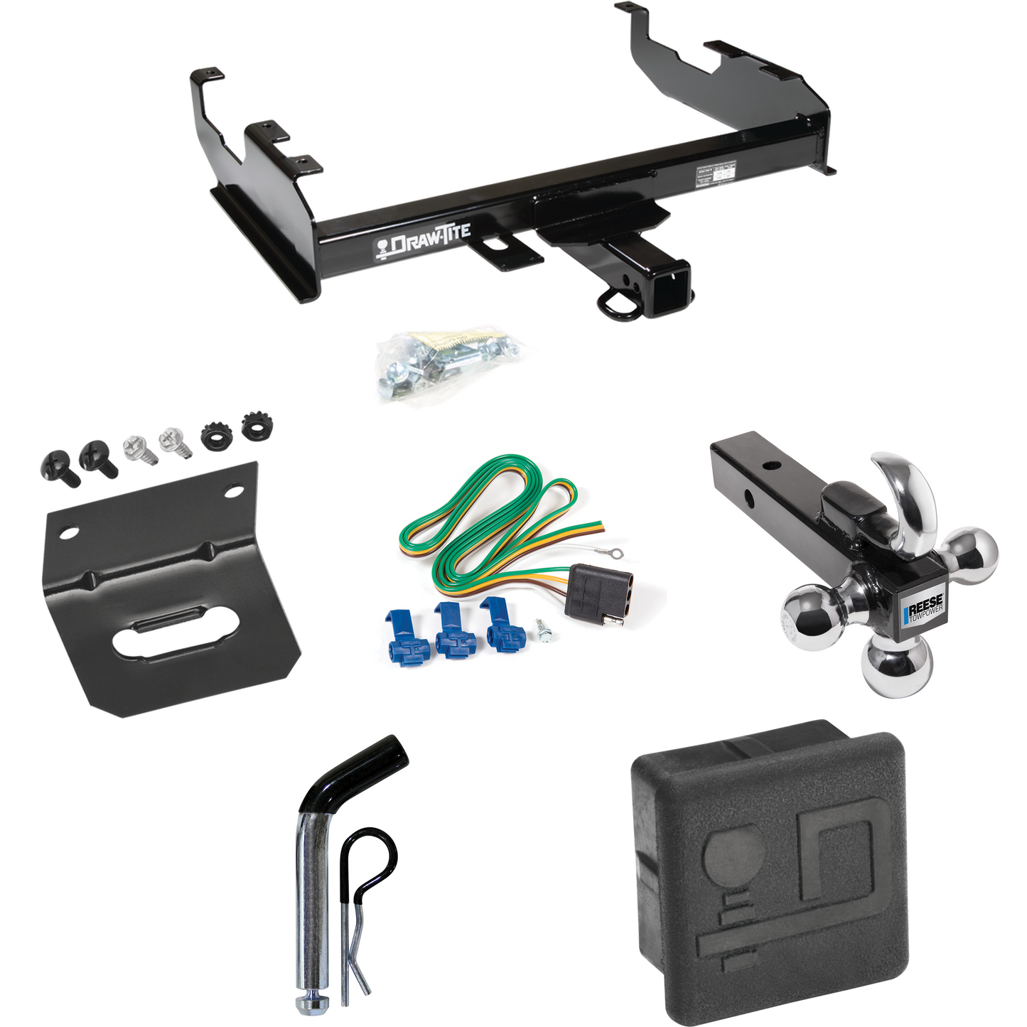 Fits 1985-1986 GMC C1500 Trailer Hitch Tow PKG w/ 4-Flat Wiring + Triple Ball Ball Mount 1-7/8" & 2" & 2-5/16" Trailer Balls w/ Tow Hook + Pin/Clip + Wiring Bracket + Hitch Cover (For w/8' Bed Models) By Draw-Tite