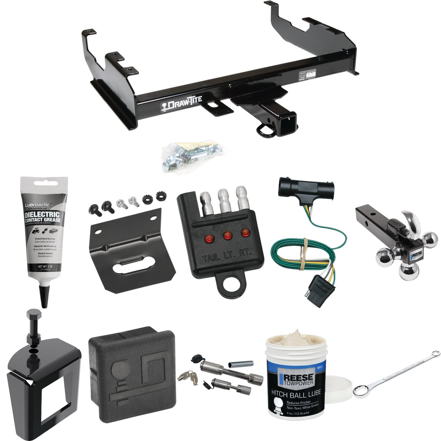 Fits 1977-1984 Chevrolet K30 Trailer Hitch Tow PKG w/ 4-Flat Wiring + Triple Ball Ball Mount 1-7/8" & 2" & 2-5/16" Trailer Balls w/ Tow Hook + Wiring Bracket + Hitch Cover + Dual Hitch & Coupler Locks + Wiring Tester + Ball Lube + Electric Grease + B