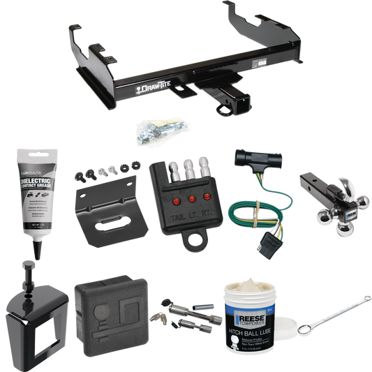 Fits 1977-1984 Chevrolet K30 Trailer Hitch Tow PKG w/ 4-Flat Wiring + Triple Ball Ball Mount 1-7/8" & 2" & 2-5/16" Trailer Balls w/ Tow Hook + Wiring Bracket + Hitch Cover + Dual Hitch & Coupler Locks + Wiring Tester + Ball Lube + Electric Grease + B