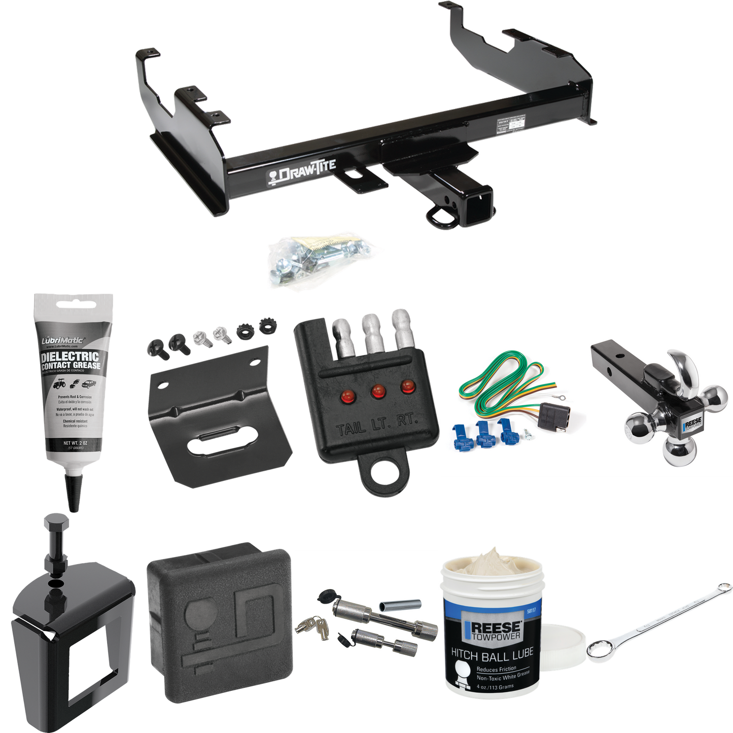 Fits 1971-1973 International 1110 Trailer Hitch Tow PKG w/ 4-Flat Wiring + Triple Ball Ball Mount 1-7/8" & 2" & 2-5/16" Trailer Balls w/ Tow Hook + Wiring Bracket + Hitch Cover + Dual Hitch & Coupler Locks + Wiring Tester + Ball Lube + Electric Greas