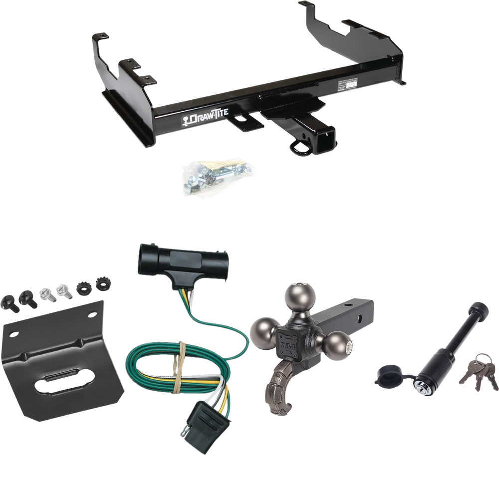 Fits 1973-1984 Chevrolet C30 Trailer Hitch Tow PKG w/ 4-Flat Wiring + Tactical Triple Ball Ball Mount 1-7/8" & 2" & 2-5/16" Balls & Tow Hook + Tactical Dogbone Lock + Wiring Bracket (For w/8' Bed Models) By Draw-Tite