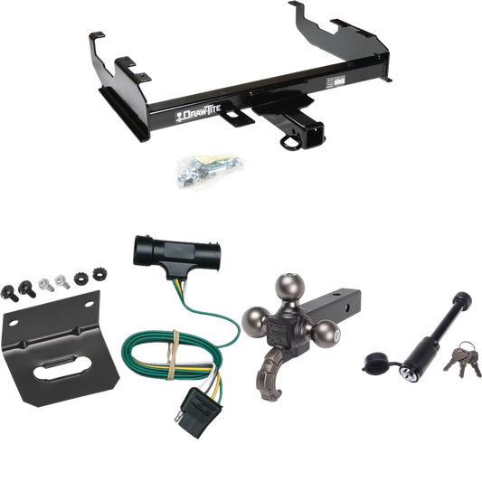 Fits 1973-1984 Chevrolet C30 Trailer Hitch Tow PKG w/ 4-Flat Wiring + Tactical Triple Ball Ball Mount 1-7/8" & 2" & 2-5/16" Balls & Tow Hook + Tactical Dogbone Lock + Wiring Bracket (For w/8' Bed Models) By Draw-Tite