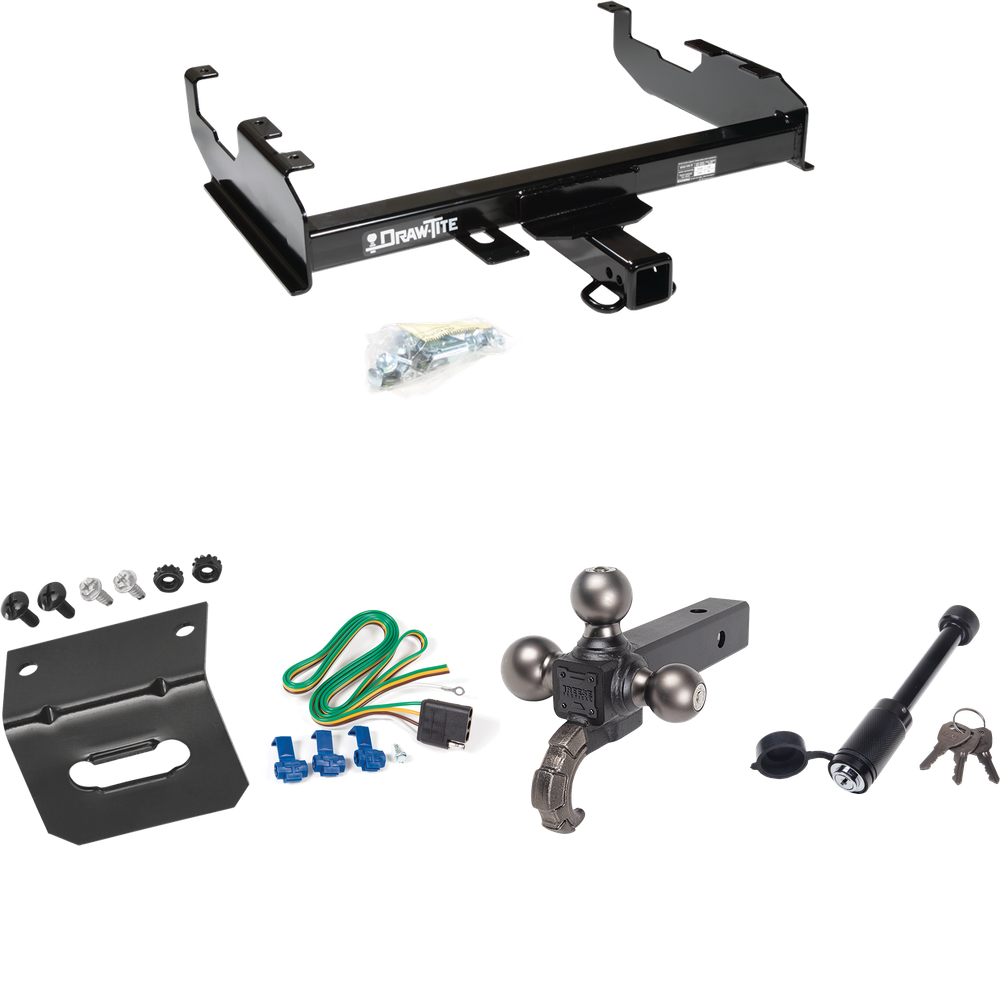 Fits 1963-1972 Chevrolet K20 Trailer Hitch Tow PKG w/ 4-Flat Wiring + Tactical Triple Ball Ball Mount 1-7/8" & 2" & 2-5/16" Balls & Tow Hook + Tactical Dogbone Lock + Wiring Bracket (For w/8' Bed Models) By Draw-Tite