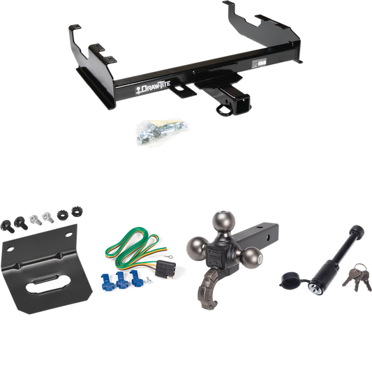 Fits 1963-1972 Chevrolet C30 Trailer Hitch Tow PKG w/ 4-Flat Wiring + Tactical Triple Ball Ball Mount 1-7/8" & 2" & 2-5/16" Balls & Tow Hook + Tactical Dogbone Lock + Wiring Bracket (For w/8' Bed Models) By Draw-Tite